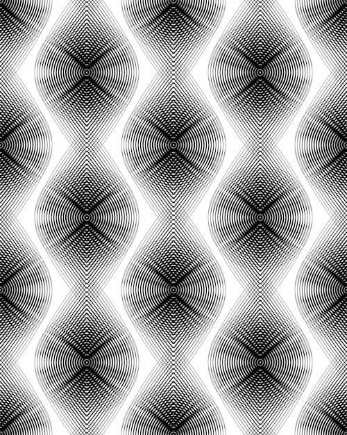 Kontinuierliches Vektormuster mit schwarzen grafischen Linien, dekorativer abstrakter Hintergrund mit Overlay-Ornament. Monochrome, illusorische, nahtlose Kulisse, kann für Design und Textilien verwendet werden.