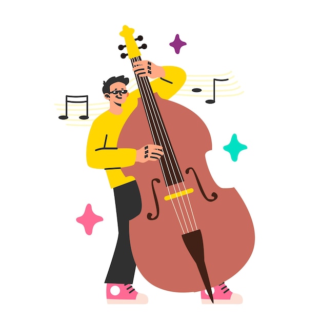 Kontrabassist. Männlicher Charakter, der mit großer Saite Musik spielt