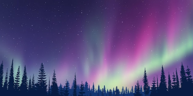 Vektor kontur von bäumen vor dem hintergrund der aurora borealis winterillustration