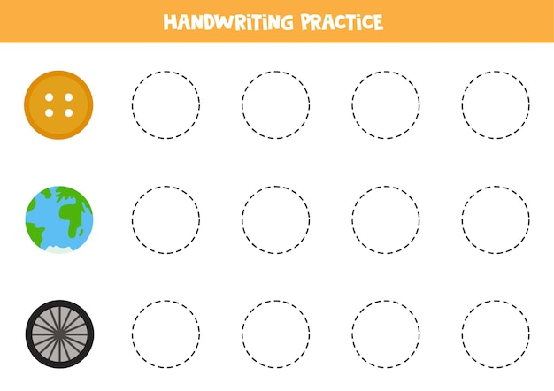 Konturen von niedlichen kreisobjekten nachzeichnen. handschriftübungen für kinder.