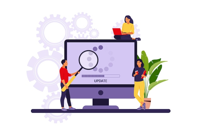 Konzept aktualisieren. programmierer, die betriebssystem des computers aktualisieren.