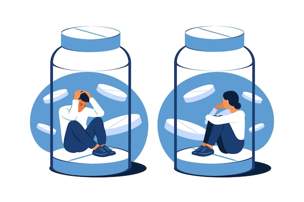 Vektor konzept der antidepressiva depressive frau oder mann sitzt gefangen in einer tablettenflasche medizinsucht flache vektorillustration