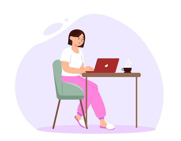 Konzept der Arbeit von zu Hause aus Junges Mädchen mit rotem Laptop in der Nähe eines Tisches mit einer Tasse Heißgetränk Remote-Online-Mitarbeiter oder Freiberufler Indoor-Einnahmen im Internet Cartoon-Flachvektorillustration
