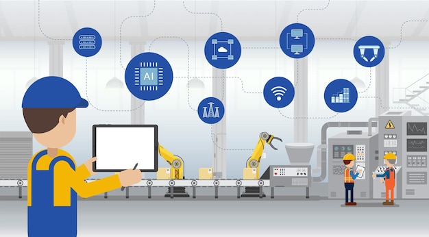 Konzept der automatisierungsindustrie mit arbeitern, die roboter und maschinen mit flachem design-vektor-illustration steuern