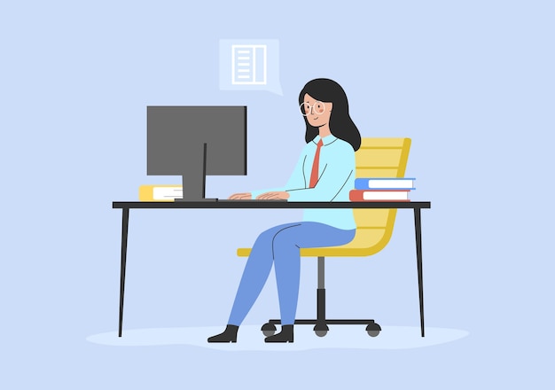 Konzept der beruflichen Weiterentwicklung Büroarbeit und Home Office weibliche Figur sitzt am Schreibtisch in einem Raum oder Coworking Blick auf Computerbildschirm und Eingabe von Text Cartoon Flat Style Vector Illustration