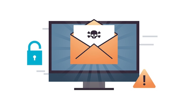 Konzept der cyberkriminalität und computer zeigen malware-bildschirm, der als e-mail-flachvektorillustration kommt