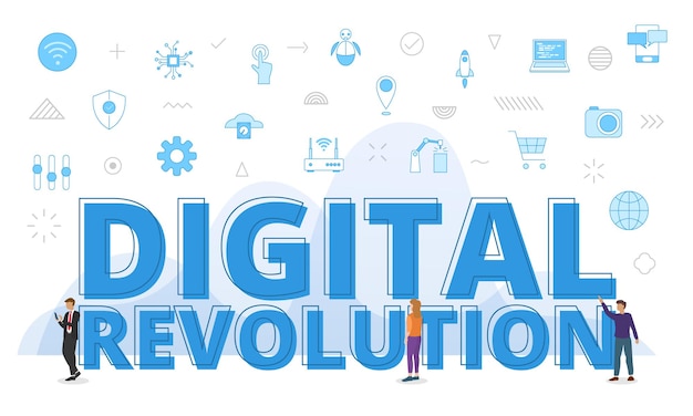 Konzept der digitalen Revolution mit großen Worten und Menschen, umgeben von verwandten Symbolen mit blauem Farbstil