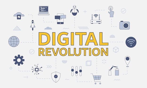Konzept der digitalen Revolution mit Symbolsatz mit großem Wort oder Text in der Mitte