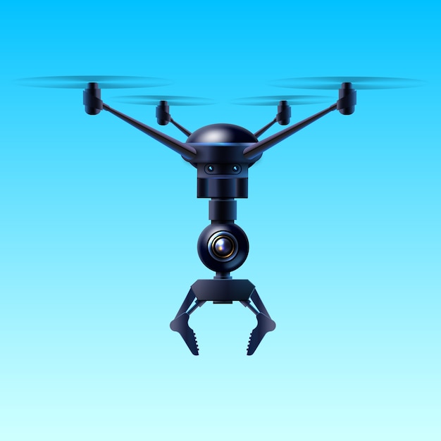 Konzept der fiktiven Quadcopter fliegenden Drohne mit Klaue lokalisiert auf blauem Hintergrund