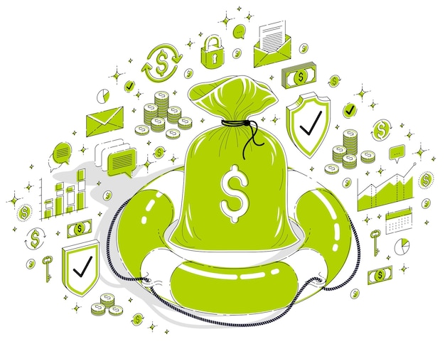 Konzept der finanziellen hilfe, rettungsring rettungsring mit großem geldbeutel und bargeld-dollar-stack isoliert auf weißem hintergrund. 3d-vektor-business isometrische illustration mit symbolen, statistikdiagrammen und gestaltungselementen.