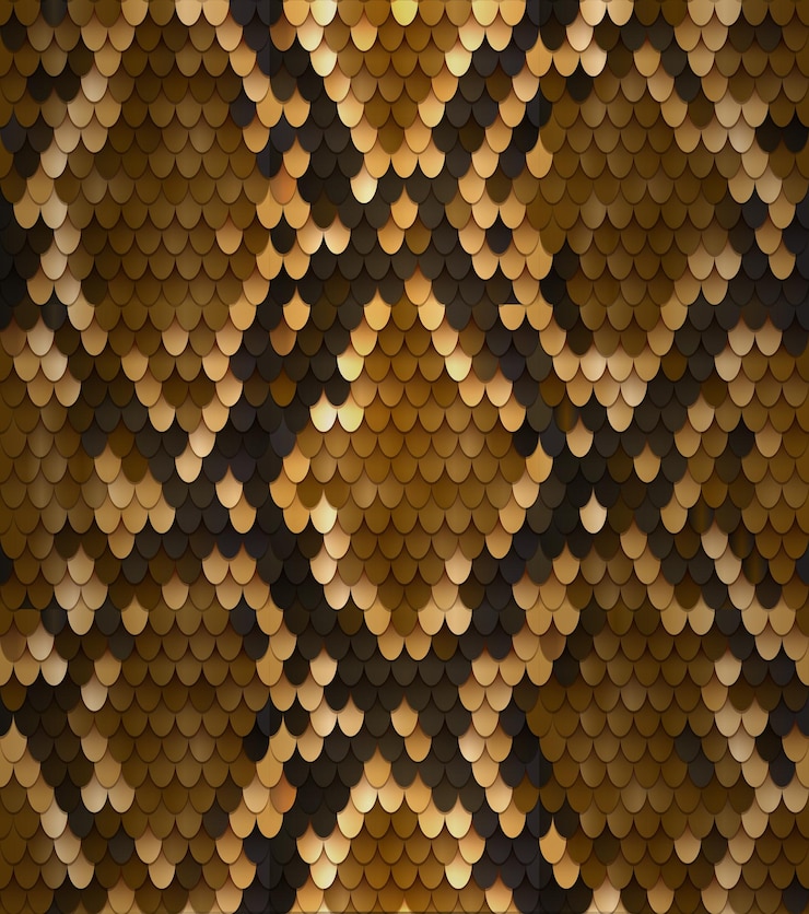 Vektor konzept der goldenen schlangenhaut, textur und tapetenmuster, tierwelt, fauna und biologie, vorlagenlayout und attrappe, haut einer fischschuppeneidechse, realistische 3d-vektorillustration
