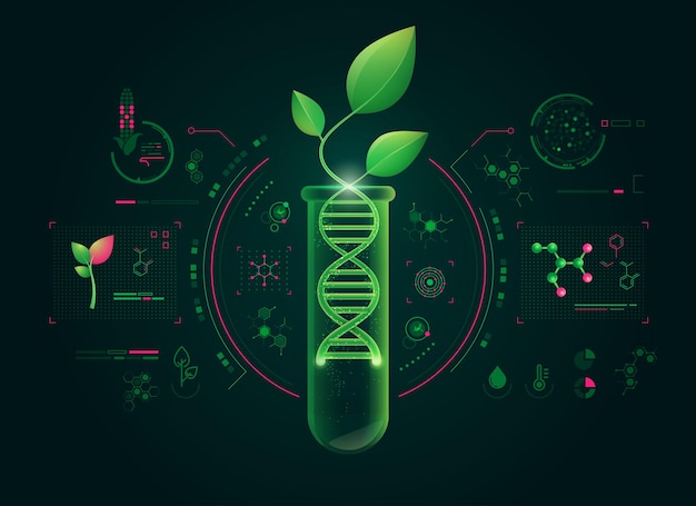 Vektor konzept der grünen biotechnologie oder synthetischen biologie der pflanze kombiniert mit dna-form