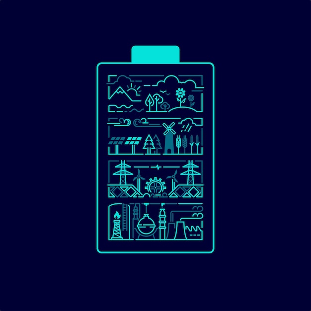 Konzept der grünen energie oder des umweltschutzes, grafik der batterieform mit industrie und natur