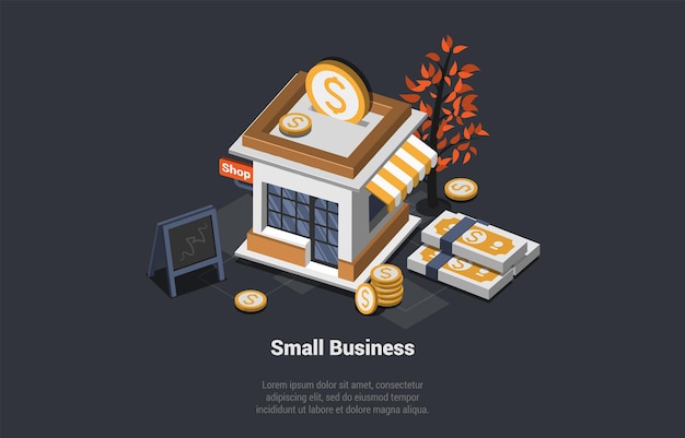 Vektor konzept der kleinen unternehmen lokalen franchise-shop wie business ideal mockup investition in neue geschäftsidee einkaufszentrum oder kleinen laden für business-start isometrische 3d-cartoon-vektor-illustration