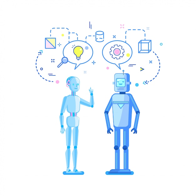 Konzept der künstlichen Intelligenz. Zwei Roboter sprechen, diskutieren und tauschen sich aus.