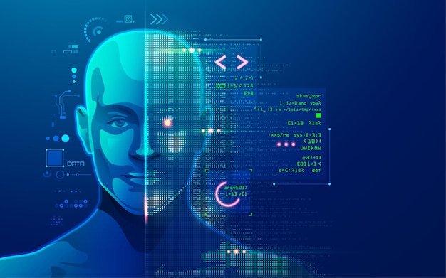 Konzept der maschinellen Lern- oder Innovationstechnologie, Grafik des AI-Kopfes mit Programmierskript