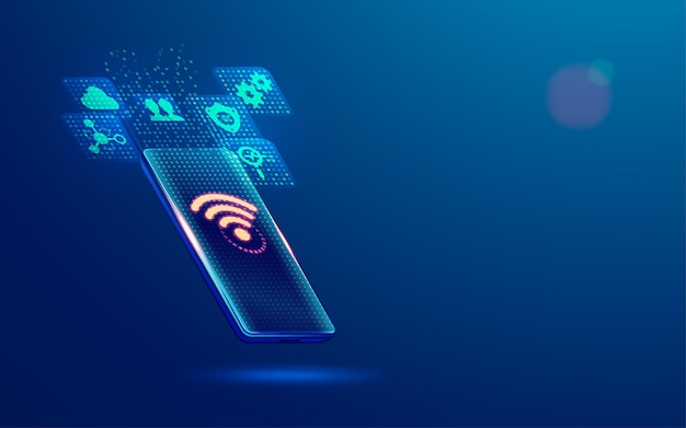 Konzept der Mobiltechnologie oder Cloud-Computing-Grafik eines futuristischen Geräts mit WLAN-Symbol und mobiler Anwendung