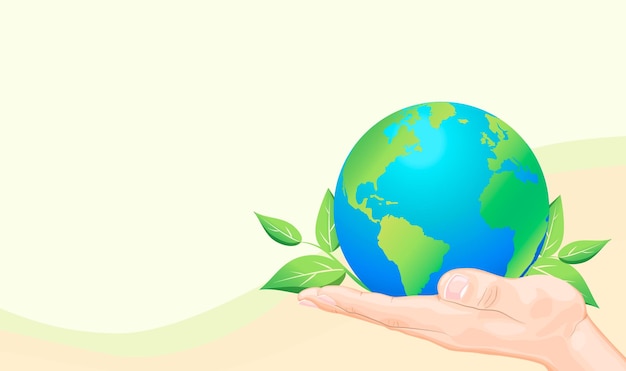 Konzept der Nachhaltigkeit oder des Umweltschutzes Erdkugel mit grünen Blättern in der Hand des Menschen Retten Sie den Planeten Konzept Schützen Sie Natur und Ökologie Hintergrund Banner Vektorillustration