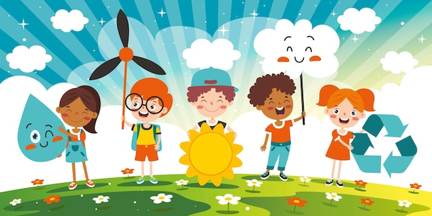 Konzept der ökologie und nachhaltigkeit mit cartoon kids
