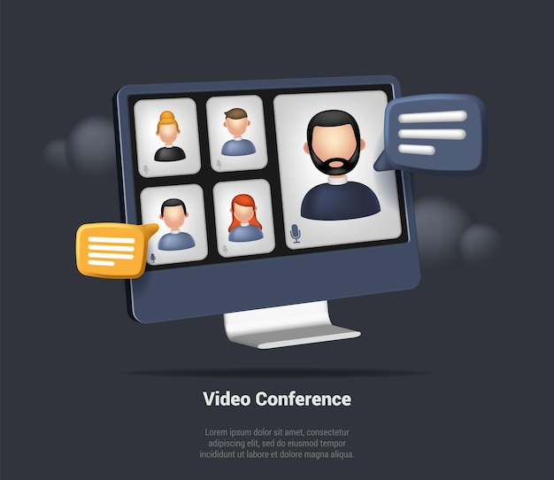 Konzept der online-meeting-streaming-webinar online-konferenz virtuelle konferenz videoanruf briefing teamwork-konzept mit 3d-dialogfeld infografik 3d-realistische render-vektor-illustration