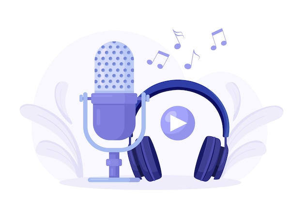 Konzept der Online-Übertragung. Audio Aufnahme. Tonaufnahmegeräte, Mikrofone, Kopfhörer. Kopfhörer mit Mikrofon. Musik-Kopfhörer