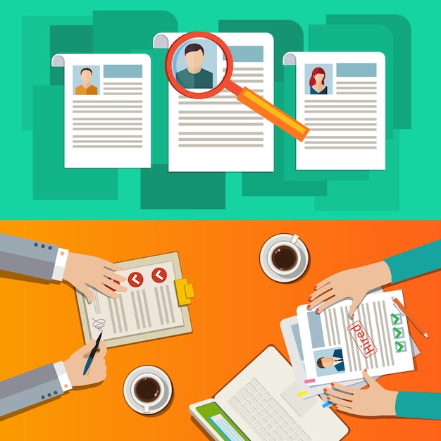 Konzept der Suche nach professionellem Personal, Analyse des Personallebenslaufs, Rekrutierung, Personalmanagement, Arbeit des Personals. Flaches Design, Vektorillustration.