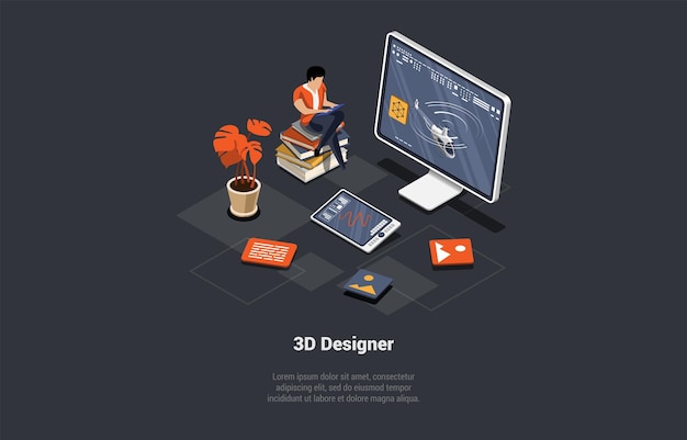 Konzept des 3D-Designs und der freiberuflichen Arbeit. Mann-Designer-Architekt des 3D-Grafikdesigns machen Modell eines Helikopter-3D-Lernkurses Schule für Webdesign isometrische 3D-Cartoon-Vektorillustration