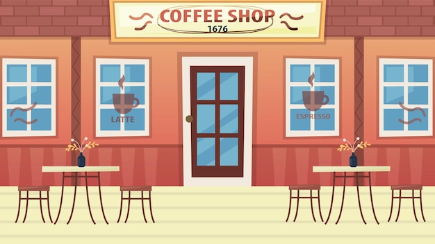 Konzept des Coffeeshops oder des Bistros. Modernes Äußeres des gemütlichen städtischen Cafés ohne Menschen. Leeres Restaurant mit Möbeln. Sommercafé im Freien. Leerer Tisch und Sessel. Karikatur-flache Vektor-Illustration.