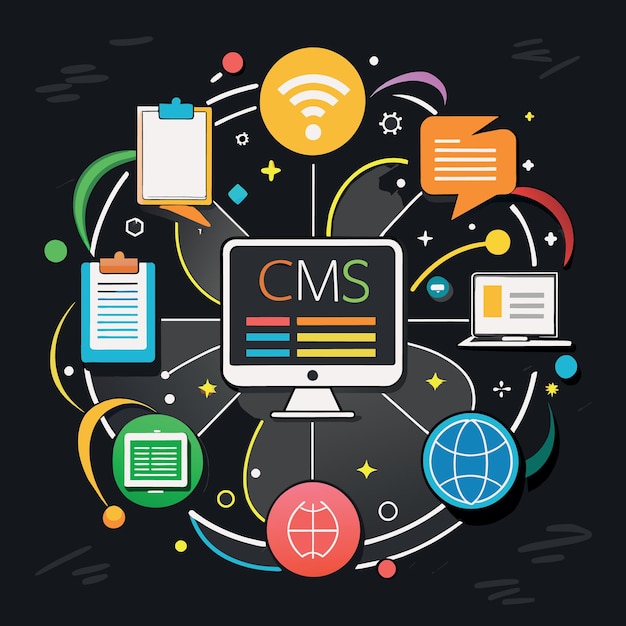 Konzept des Content-Management-Systems Mehrfarbige Pfeile, die auf das Wort CMS in der Mitte deuten o CMS