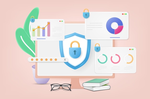 Konzept des Datensicherheitszugriffs 3D-Schild mit Vorhängeschloss-Symbol auf dem Compure-Desktop-Bildschirm Schützen Sie vertrauliche Daten Internetsicherheit Datenschutz Datensicherheit cocept 3D-Vektorillustration