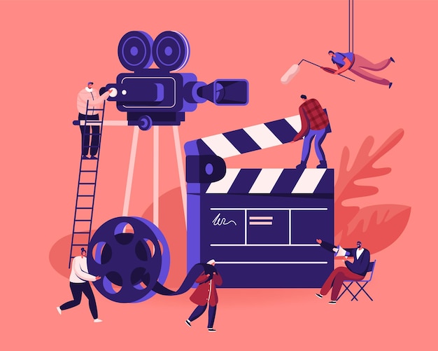 Konzept des Filmemachens. Bediener mit Kamera und Personal mit professioneller Ausrüstung Filmaufnahme mit Schauspielern. Karikatur flache Illustration
