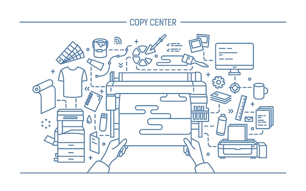 Konzept des kopierzentrums, der druckerei, des verlags. illustration mit drucker, monitor, scanner, verschiedenen geräten. schwarzweiss-vektorillustration im linearen stil