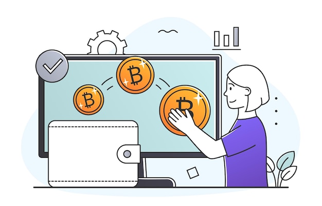 Vektor konzept des persönlichen bitcoin mädchen sammelt münzen aus dem bildschirm geld verdienen online mit