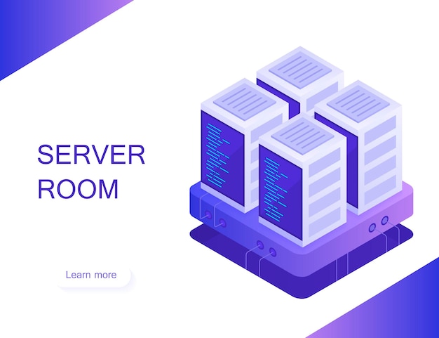 Konzept des Serverraums. Hosting mit Cloud-Datenspeicher und Serverraum. Server-Rack. Moderne Vektorillustration im isometrischen Stil.
