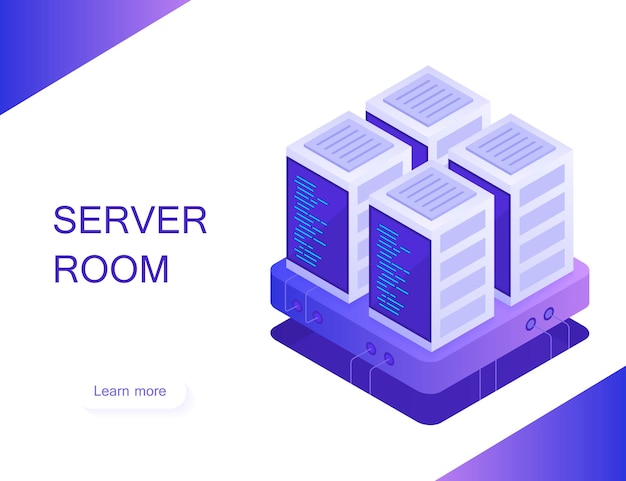 Konzept des serverraums. hosting mit cloud-datenspeicher und serverraum. server-rack. moderne vektorillustration im isometrischen stil.