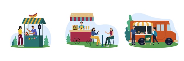 Konzept des Straßenverkaufs Verkauf von Nahrungsmitteln im Freien Cafés mit Fastfood und Kaffee Sommerhandelszelte mit Verkäufern und Kunden Cartoon-Flachillustrationen