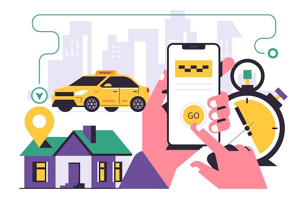 Konzept für die mobile anwendung des taxi-bestelldienstes eine hand, die ein telefon mit der buchung eines taxis auf dem display hält symbol für das stoppuhr-schild der autostadt flache vektordarstellung