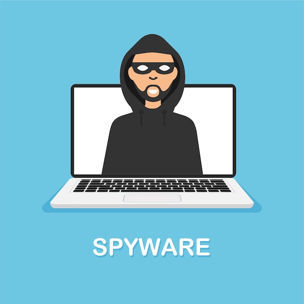 Konzept für Hackeraktivitäten und Cyberkriminalität. Spyware und Internet-Technologie. Dieb in schwarzer Maske.