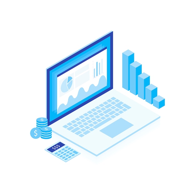 Konzept-Geschäftsstrategie. Analysedaten und Investition. Isometrische Elemente. Geschäftserfolg. Finanzbericht mit Laptop und infographic Elementen. Isometrisches Design