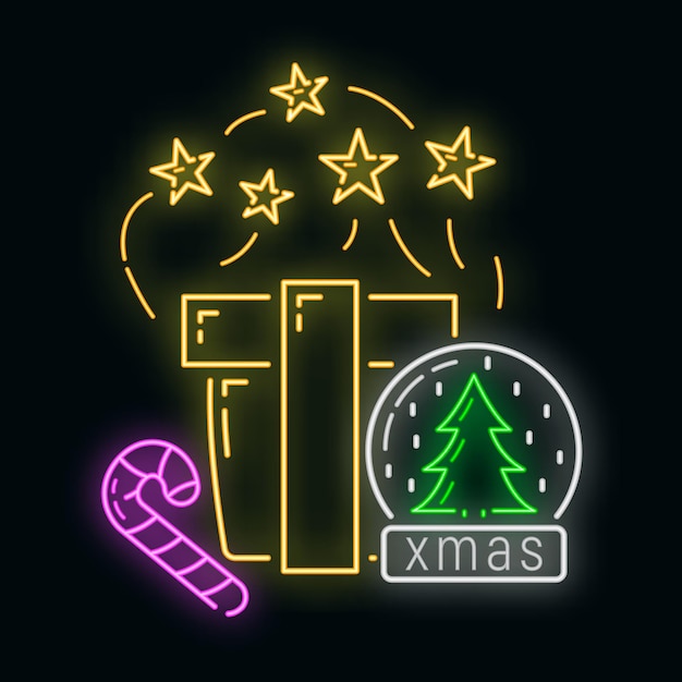 Konzept guten rutsch ins neue jahr und frohe weihnachten neon-glühen-stil-symbol, weihnachten-label-ferien-winterzeit-flache vektorgrafik, isoliertes symbol auf schwarz.
