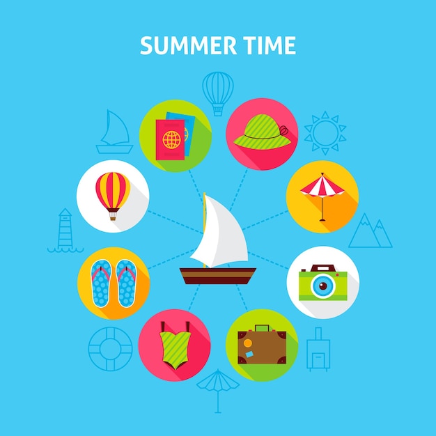 Konzept sommerzeit. vektor-illustration von sea holiday infografiken kreis mit flachen icons.