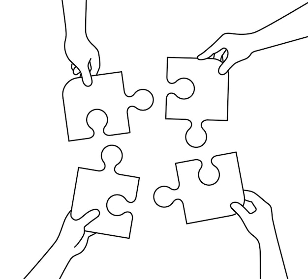 Vektor konzept-teamwork-metapher mit puzzleteil in handlinie stil-vektor-illustration