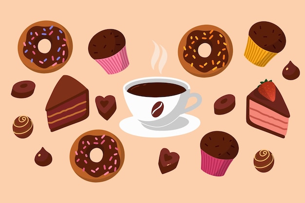 Konzept-vektor-illustration cartoon-stil leckeres frühstück oder kaffeepause kaffee und süßigkeiten