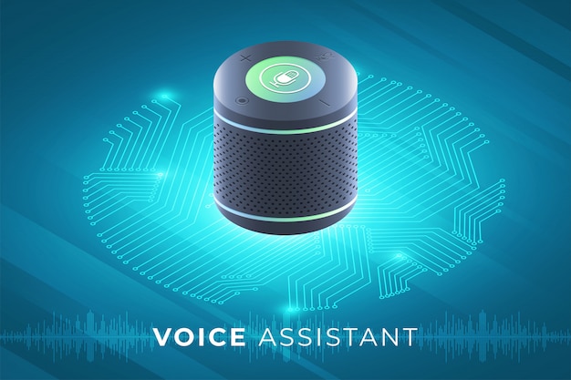 Vektor konzept voice assistant internet der dinge. steuern sie alles mit dem gerät. moderne grafik. isometrisch veranschaulichen.