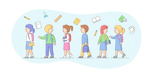 Vektor konzept von back to school. gruppe von schulkindern oder schülern, die in einer reihe stehen. lächelnde teenager jungen und mädchen mit rucksäcken, büchern und schulsachen. karikatur-lineare umriss-flache vektor-illustration.