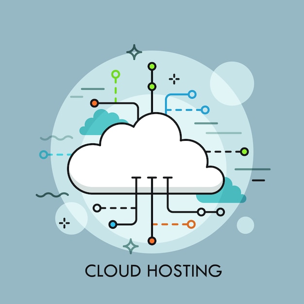 Konzept von cloud-computing-service oder -technologie, speicherung und hosting von big data, herunterladen, hochladen, verwalten und synchronisieren von online-dateien.