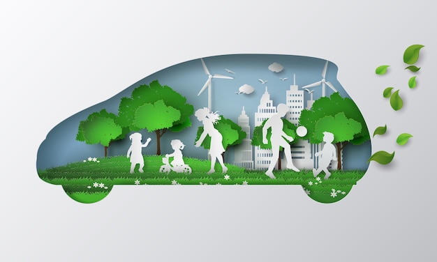 Konzept von eco Auto mit Familie und Natur