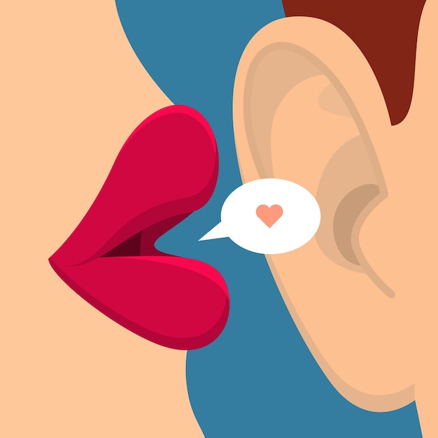 Konzept von Klatsch oder Liebe. Weibliche Lippen sprechen im Ohr. Flaches Design