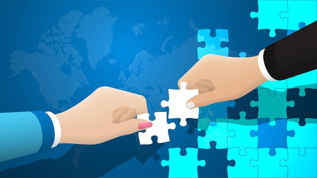 Konzeptbanner für Teamarbeit in der globalen Logistik mit Händen und Puzzle-Stücken auf dem Hintergrund der Welt