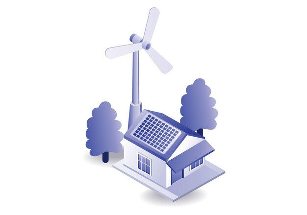 Konzeptdarstellung eines hauses mit sonnenkollektoren und einer windmühle